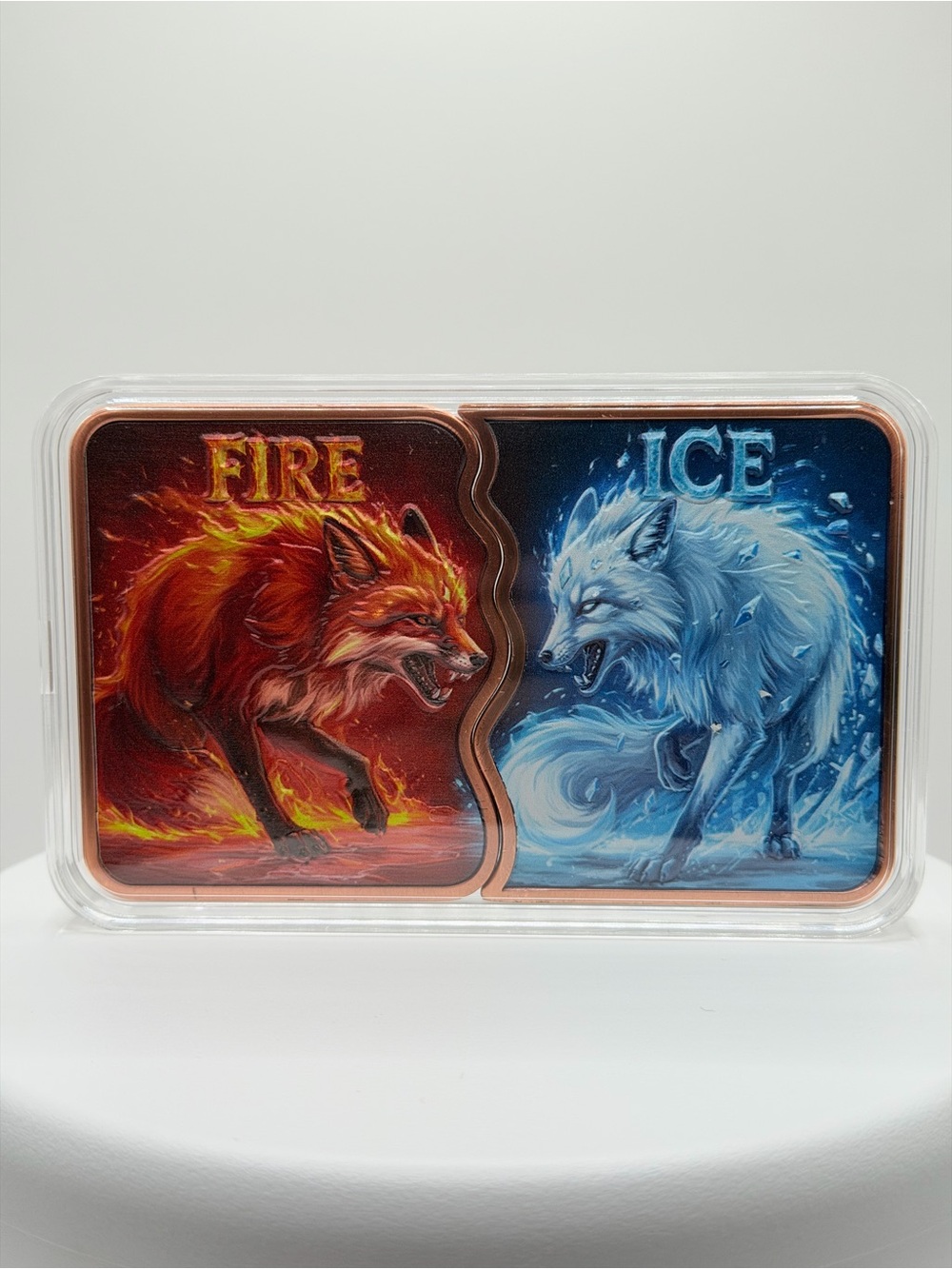 10 oz "Fire and Ice" Elemental Foxes 2-Piece Interlocking Copper Art Bar Set